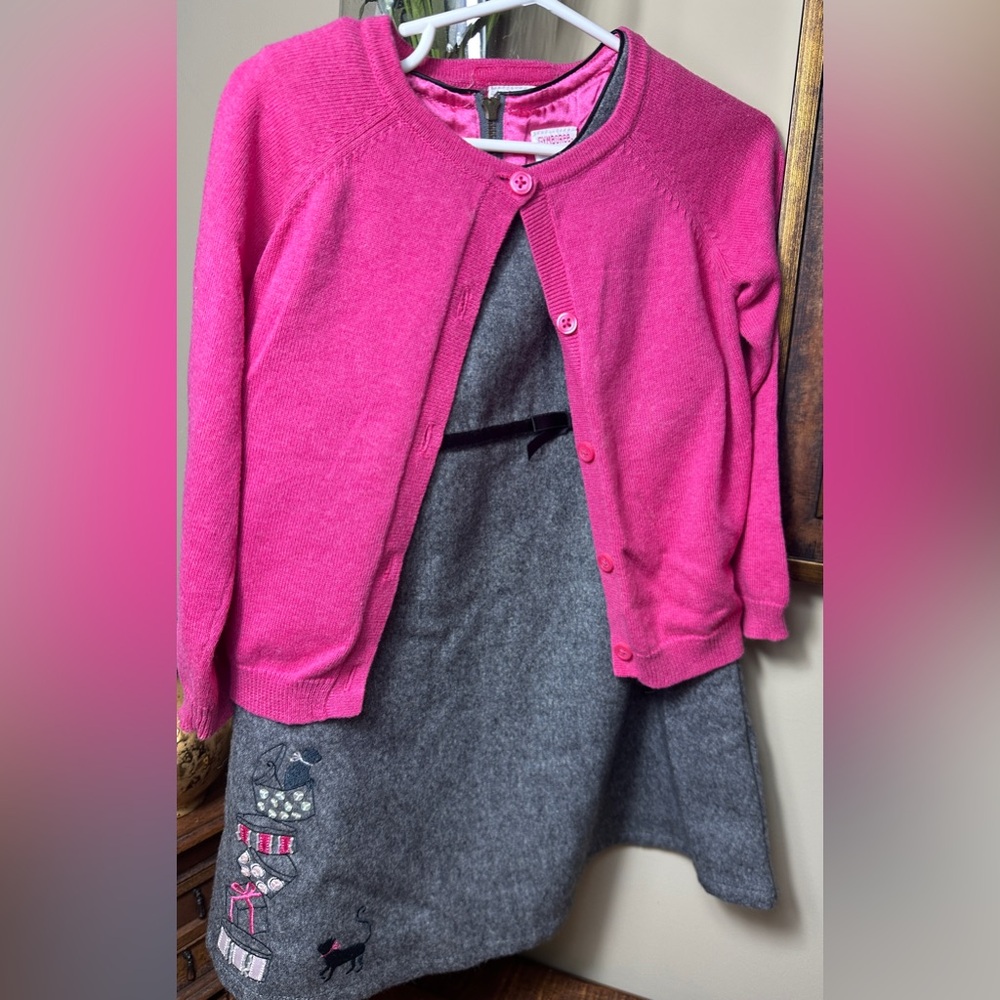 Vintage Gymboree Sz 3 City Sidewalk‎ Gray Wool Dress & Pink Sweater